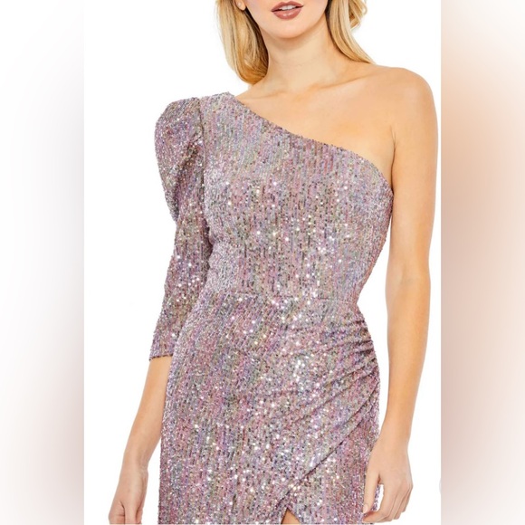 NWT Mac Duggal Sequins One Shoulder Faux Wrap Dress Mauve Multi Color Size 4 - Picture 2 of 12